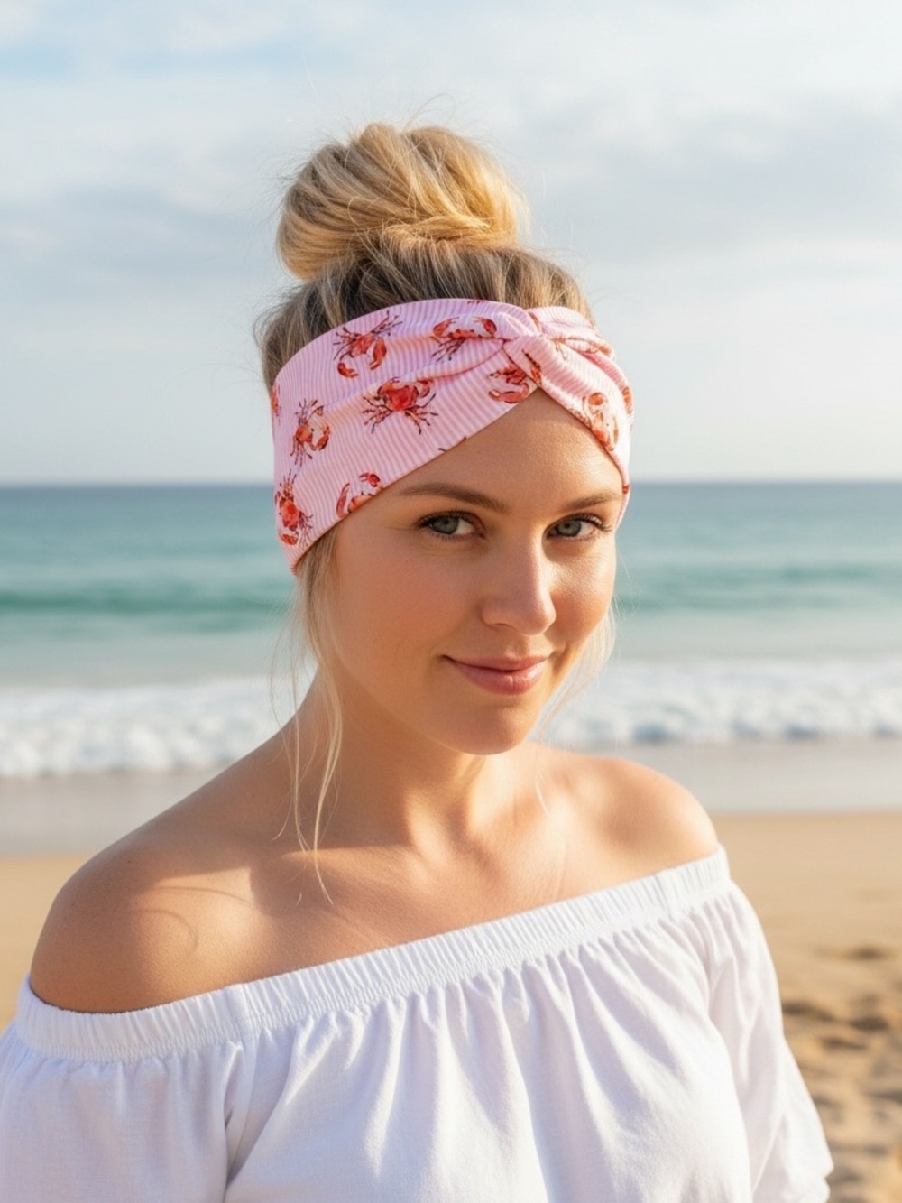 Pink Crab Print Twist Headband Coastal Beach Summer Hair Band Boho Cute
